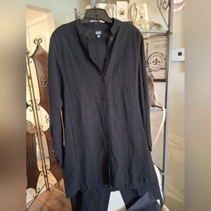 Eileen FISHER Flax Black Boxy Button Down Shirt with Mandarin Collar 55% LINEN!